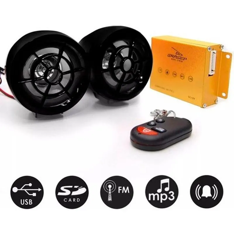Caixa Som Moto Alarme Potente Mp3 Usb Player Áudio Controle
