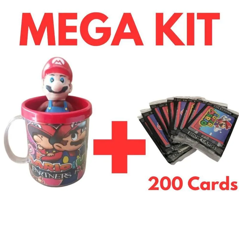 Top Mega Kit Boneco + 200 Cards + Caneca Mario + /- 15 Cm