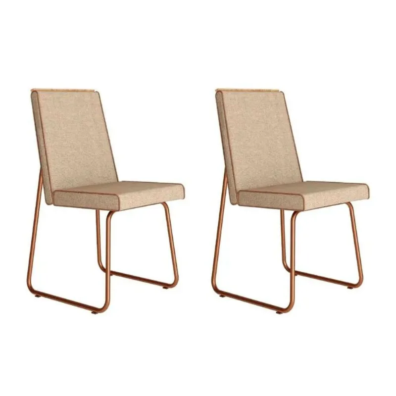 Cadeira Sala de Jantar Lira 1752 Aço Kit 2 Uni Cobre/Linho Areia/Courino Caramelo - Carraro - móveis carraro