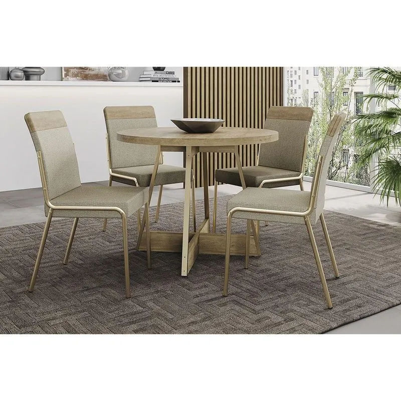 Sala De Jantar Completa Átria 1594 Aço C/ Tampo Madeirado 100x100cm E 4 Cadeiras Duo Dourado/noce/carvalho - Linho/ano&amp;nbsp,,bamboo - Carraro