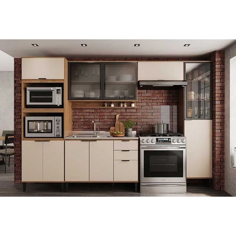 Cozinha Modulada Completa Alpha 5 Peças (2Aéreos+1Balcão+1Paneleiro+1TorreQuente) C5P133 Freijo/Off White - Carraro