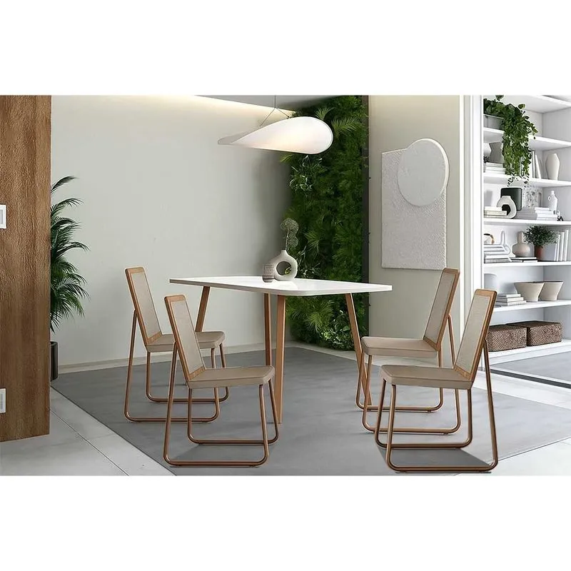 Sala Jantar Mesa 1602 Aço 120cm + 4 Cadeiras Wood Rose/Gelo/Off White - Rose/Freijo Tela/Linho - Carraro