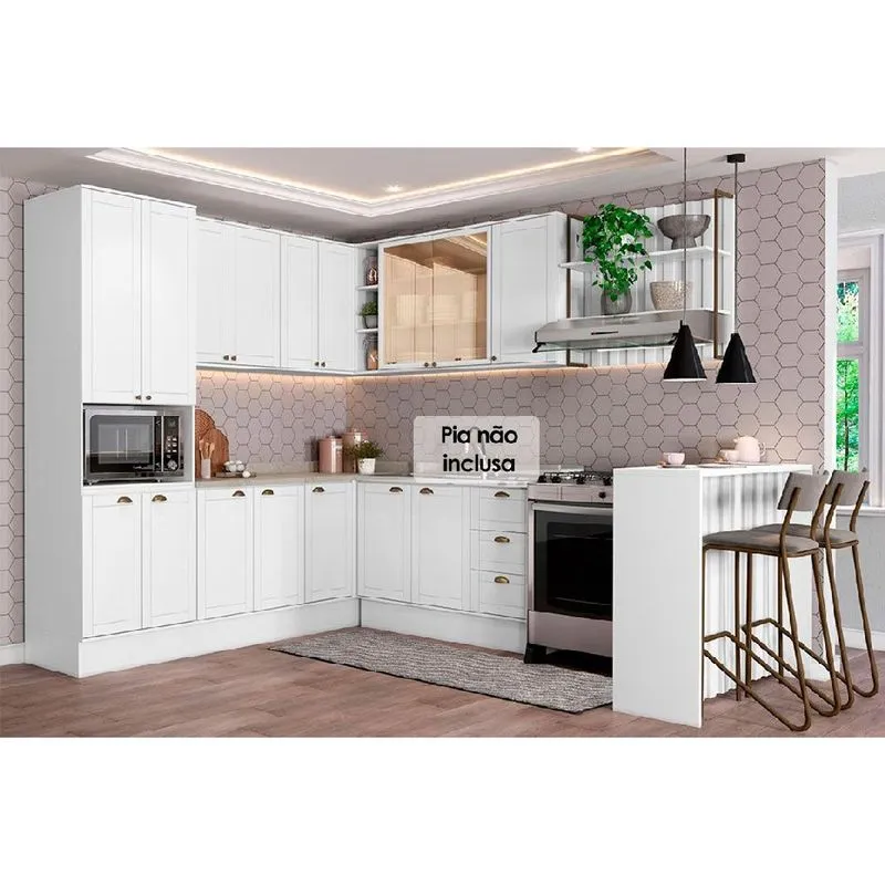 Kit Cozinha Modulada 9 Peças Bella (3Aéreos+3Balcões+1TorreQuente+1Ilha+1Complemento) C9P200 Branco-Carraro