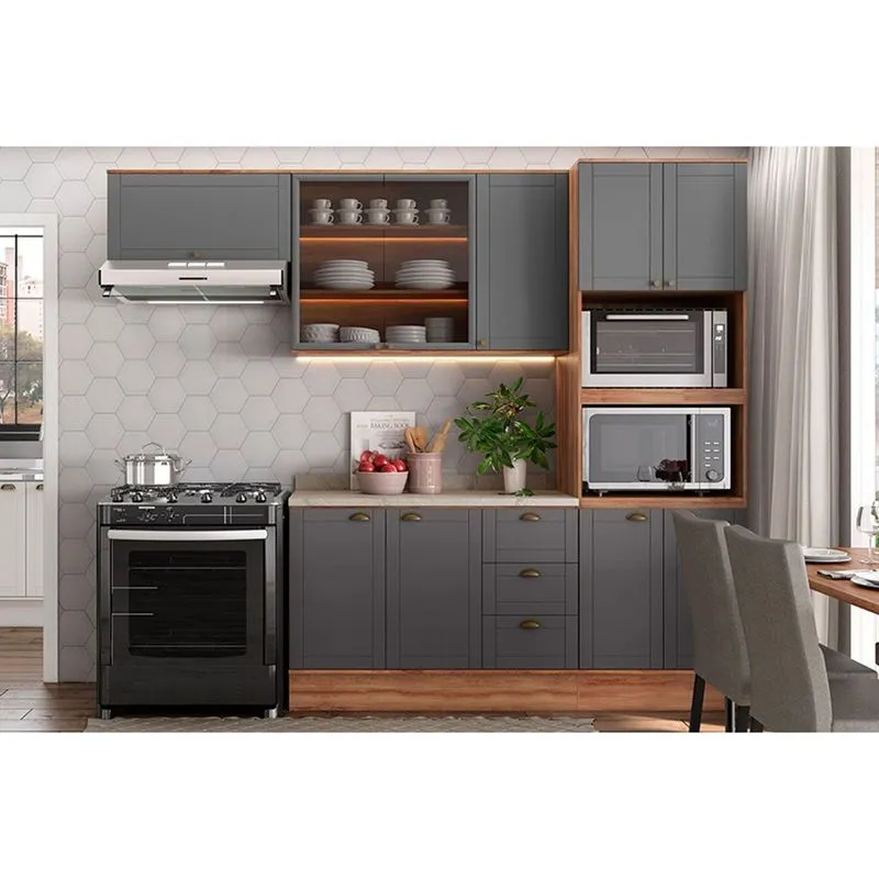 Kit Cozinha Modulada 4 Peças Bella (2Aéreos+1Balcão+1TorreQuente) C4P197 Nogal/Cinza - Carraro