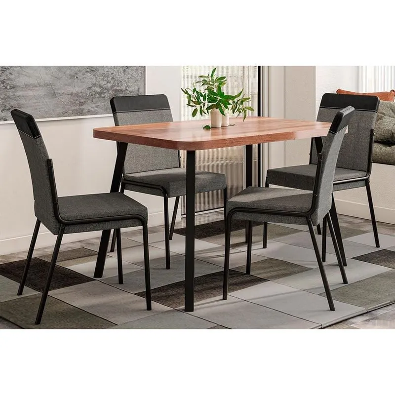 Conjunto: Mesa de Cozinha Stellar 1598 Aço c/ Tampo Madeirado 120x80cm e 4 Cadeiras Duo Preto/Nogal - Preto/Grafite - Preto - Carraro