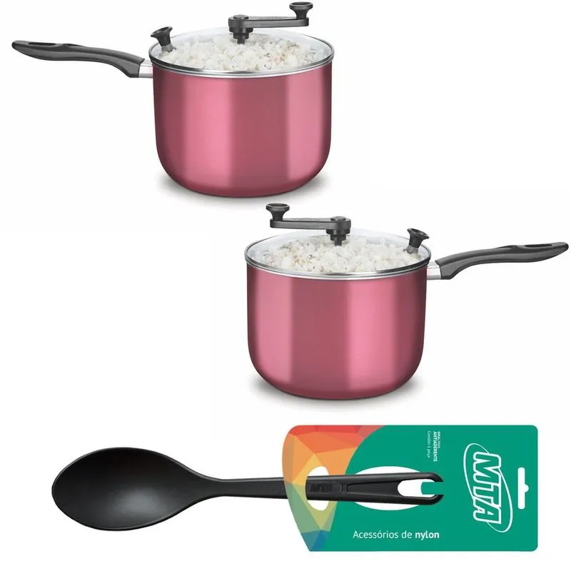 Kit com Duas Pipoqueiras Cor Rosé mta Antiaderente Com Tampa de Vidro E Uma Colher De Nylon