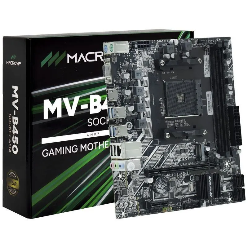 Placa Mãe MV-B450 com DDR4 3200MHz e Saída VGA para Ryzen 3ª Geração USB 3.1 Preto Macrovip