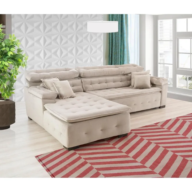 Sofá Retrátil e Chaise Orlando 220x210 bege