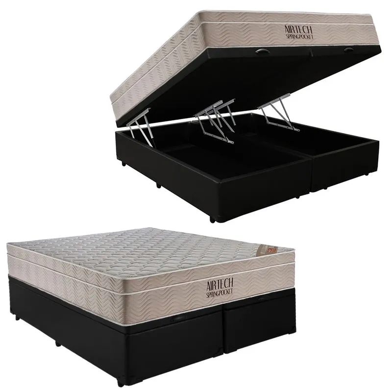 Cama Box Baú Casal Sintético Bipartido + Colchão Ortobom Airtech Molas Ensacadas 138x188x65