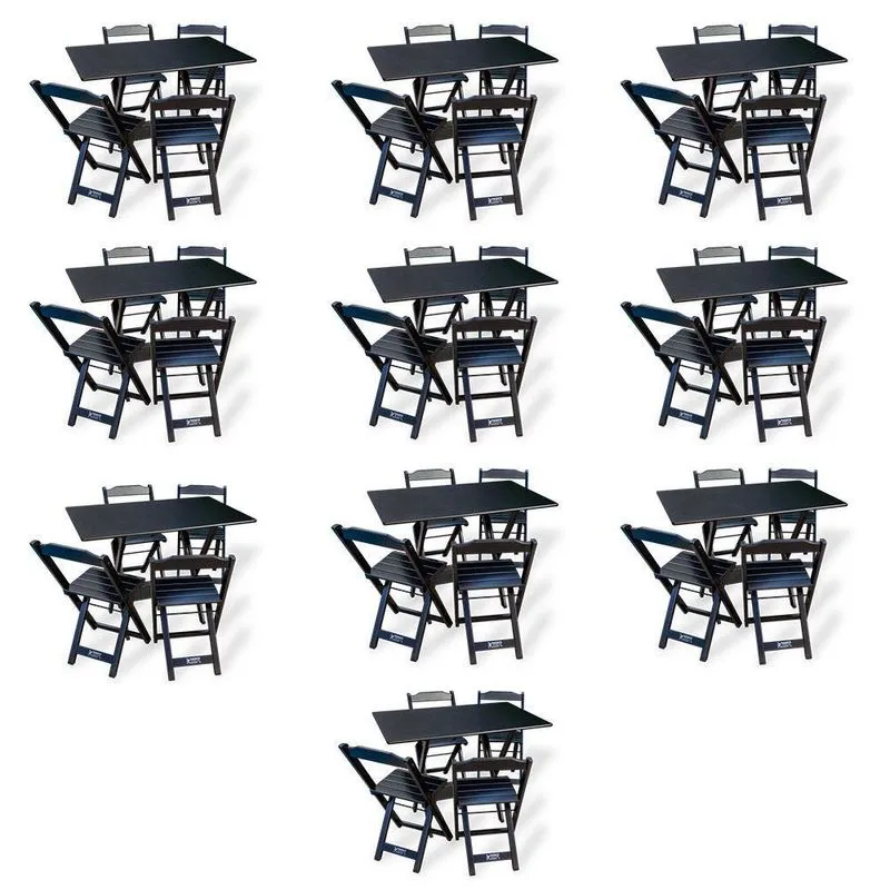 Kit De 10 Conjuntos De Mesa Dobrável 70x110 Com 4 Cadeiras Preto - Cor: Preto