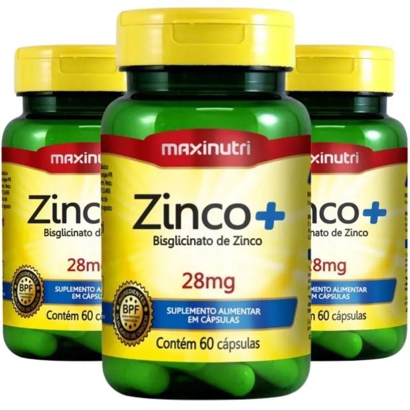 KIT 3X Zinco+ 28mg - 255% IDR - 60 cápsulas - Maxinutri