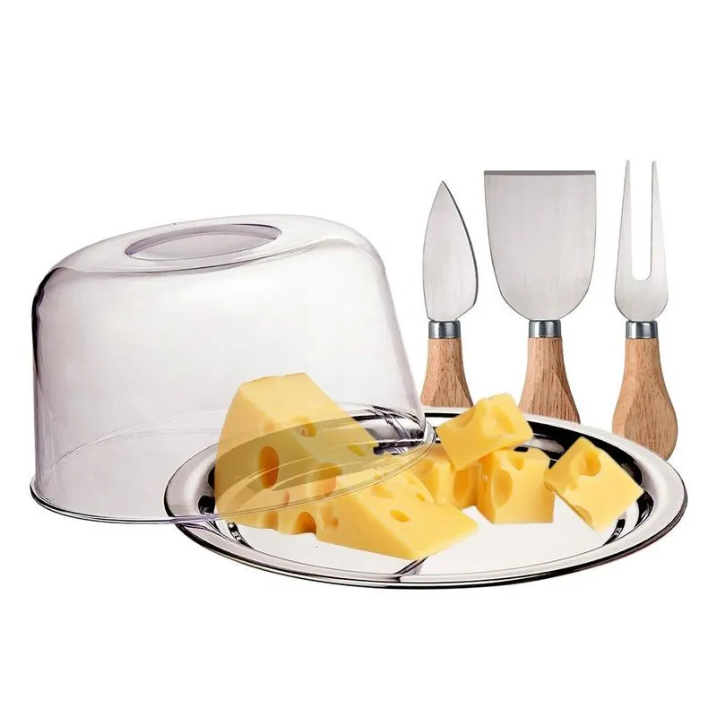 Kit Porta Queijo Com Tampa E Faca Espátula Garfo Aço Inox