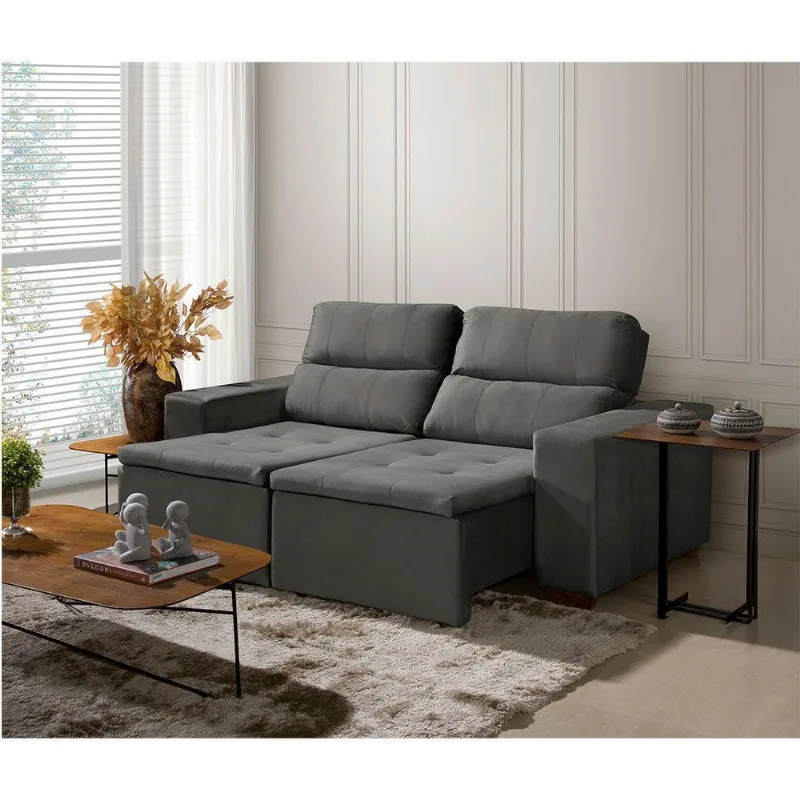 Sofá 3 Lugares 195cm Com Molas, Retrátil E Reclinável Cinza