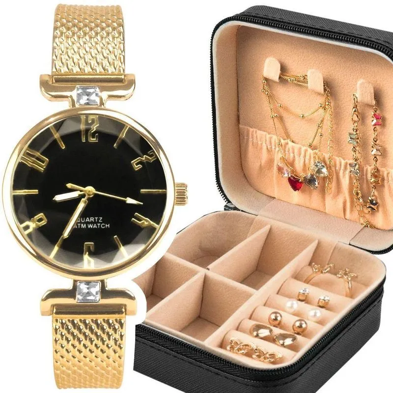 Relogio Feminino Banhado + Pulseira + Colar + Porta Joia Original Prova Dagua Presente Fundo Preto