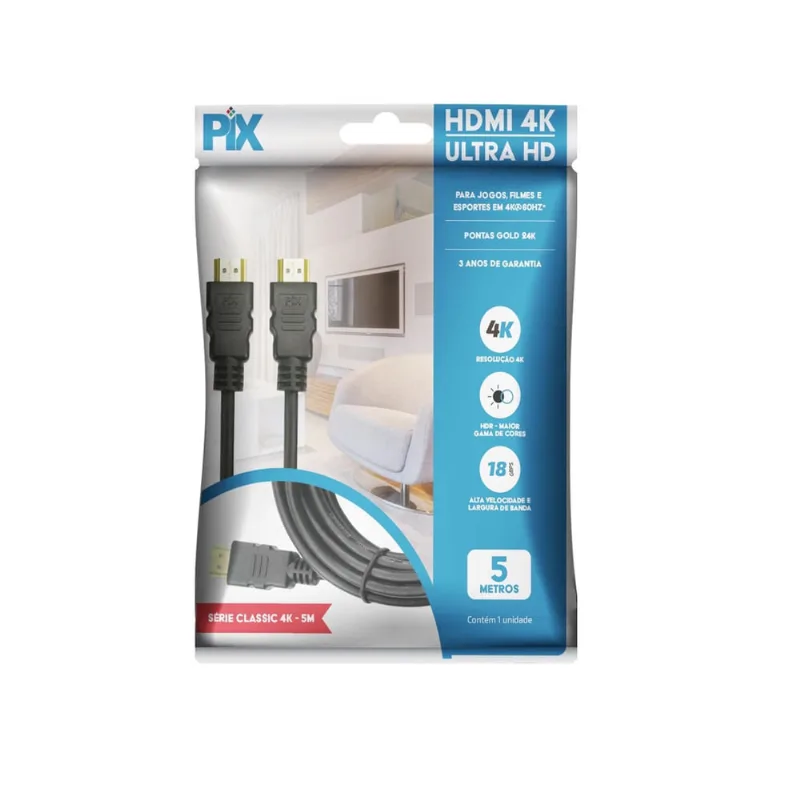 Kit 5 Un - Cabo Hdmi 2.0 - 4K Hdr 19P - 30Awg - 5M