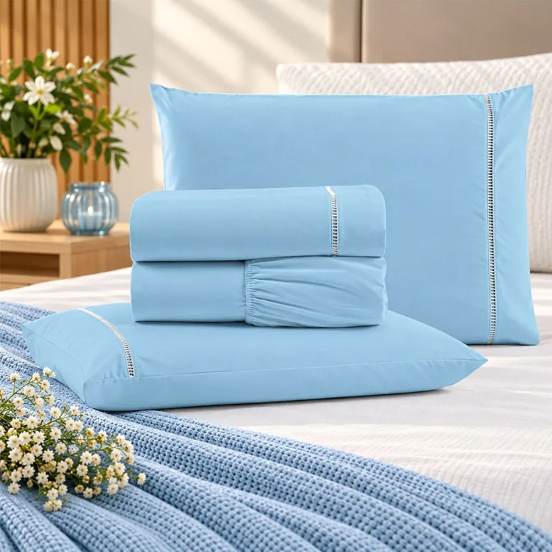 Jogo de Cama Lençol King Pluma Percal 180 Fios 4 Peças 100% Algodão - Azul Claro
