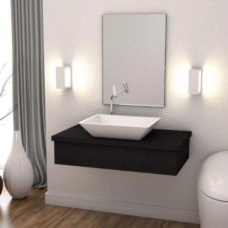 Conjunto Bancada Para Banheiro 80cm Com Cuba Rt45 E Espelheira 801w Metrópole Compace Preto Onix