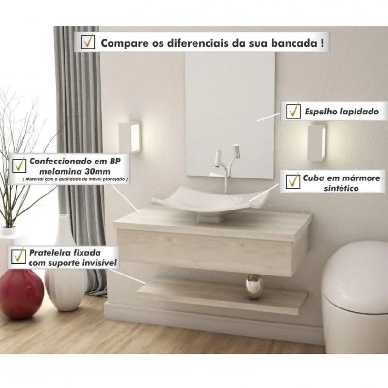 Bancada para Banheiro 80cm com Cuba Folha F44 Prateleira e Espelheira 806w Metrópole Compace