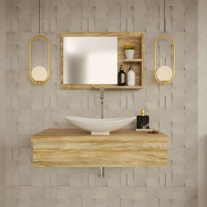Conjunto Para Banheiro Bancada Com Cuba L45 Canoa E Espelheira City 801 Carvalho