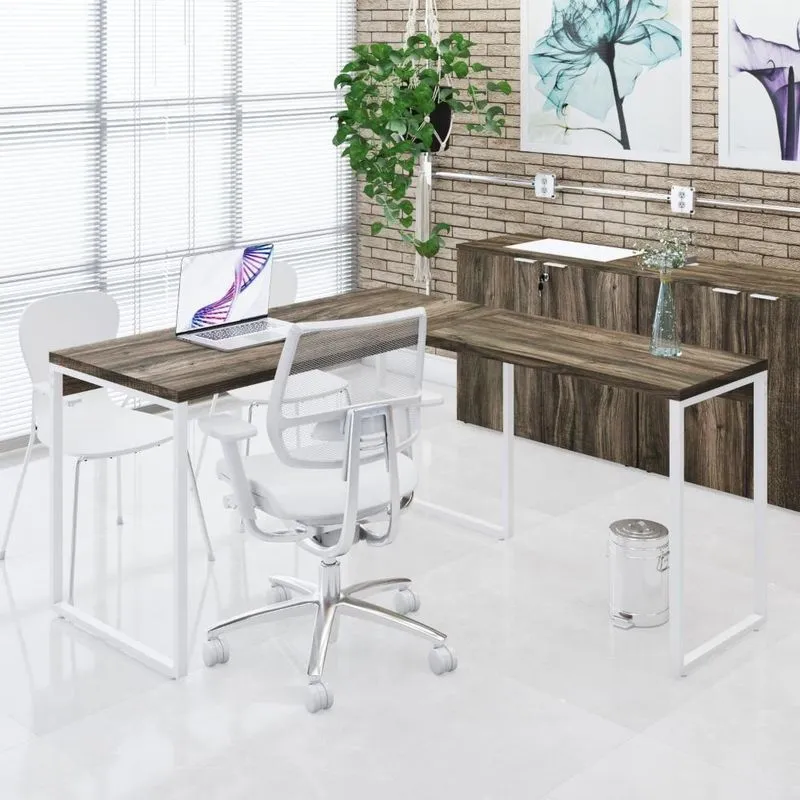 Mesa Em L Office 135x150x75cm Kuadra Carvalho Dark - Est.branca