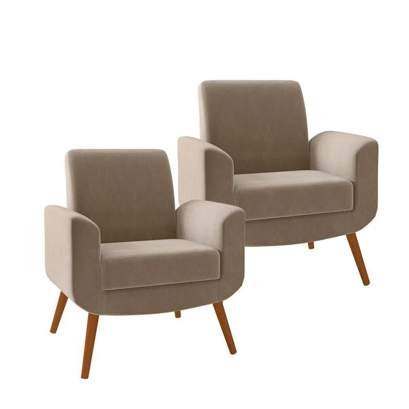 Kit 2 Poltronas Turim Em Madeira De Eucalipto Com Revestimento Em Linho Confortável Marrom Movellu