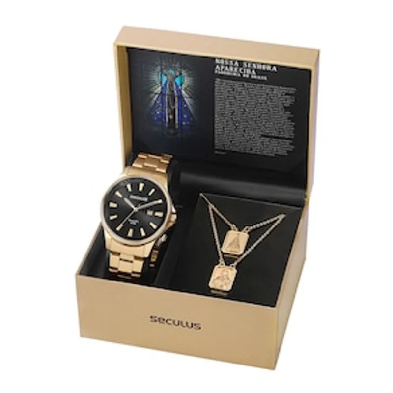 Relógio Masculino Analógico Seculus 35001GPSKDA1K1 com Colar – Dourado