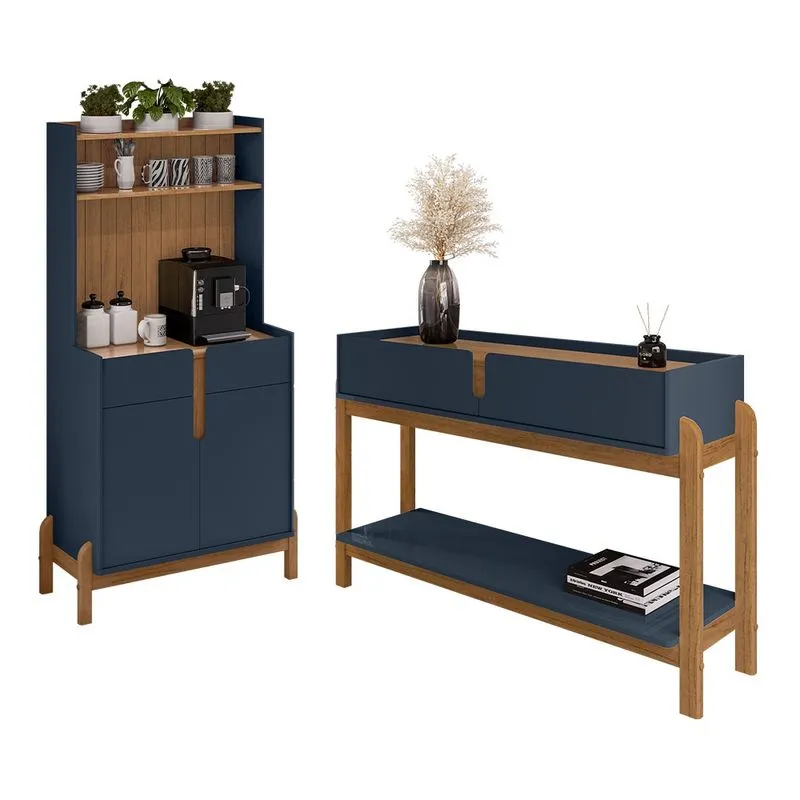 Conjunto Aparador e Cantinho do Café Lizz 02 Portas 04 Gavetas Azul Cobalto Cedro Casa D