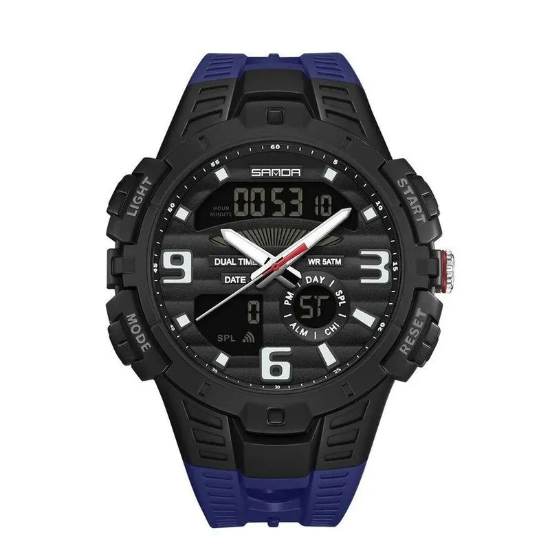 Relógio Masculino Sanda Eletrônico Multifuncional 55mm Led Ponteiro Luminoso Azul
