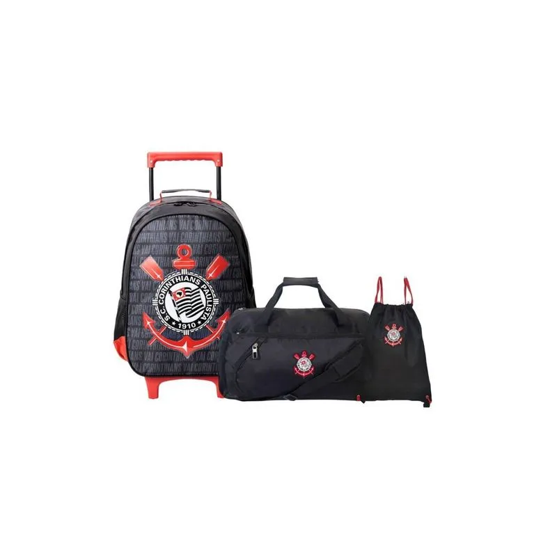 Kit Mochila Rodinhas + Saco + Sacola Viagem Corinthians Oficial