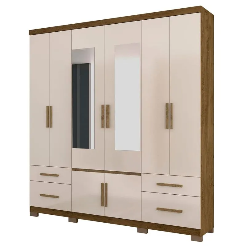 Guarda Roupa Casal 08 Portas com Espelho Porto Moval - Castanho Wood/Baunilha