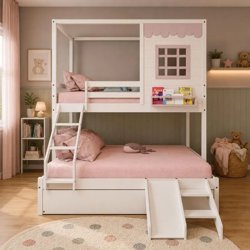 Treliche Infantil Casinha Reta Casal Solteiro Com Escorregador Madeira Maciça Branco Rosa