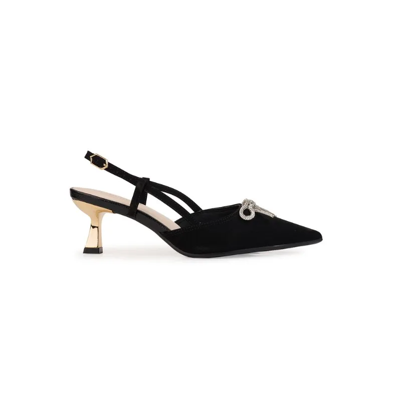 Scarpin Slingback Bebecê Salto Médio Cromado Com Laço Em Strass e Fivela Preto 1 38