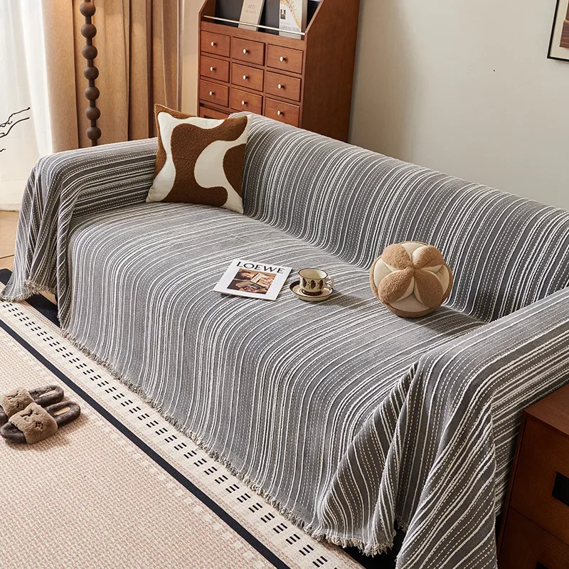 Capa para Sofá Chenille Cinza Escuro com Listras Decorativas em Peça única Lenogue Cinza Escuro / 180 x 260cm