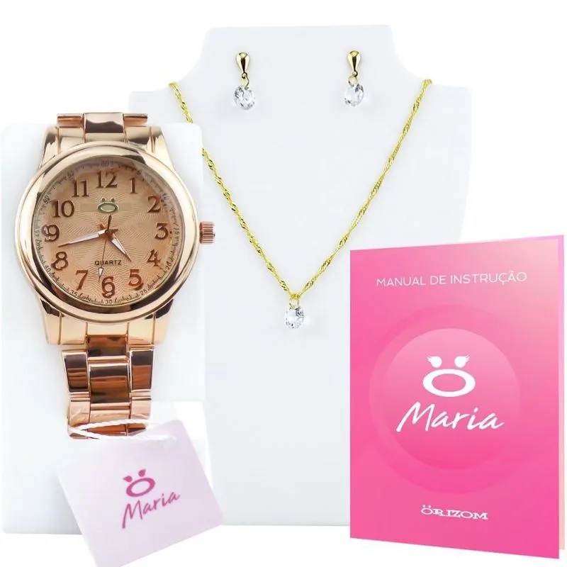 Kit Relógio Feminino Analógico Rose Colar Brinco