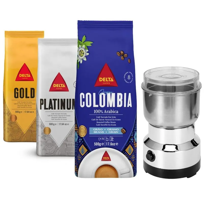 Kit 3 Café Gourmet Delta Q Torrado Grão + Moedor Grãos Inox