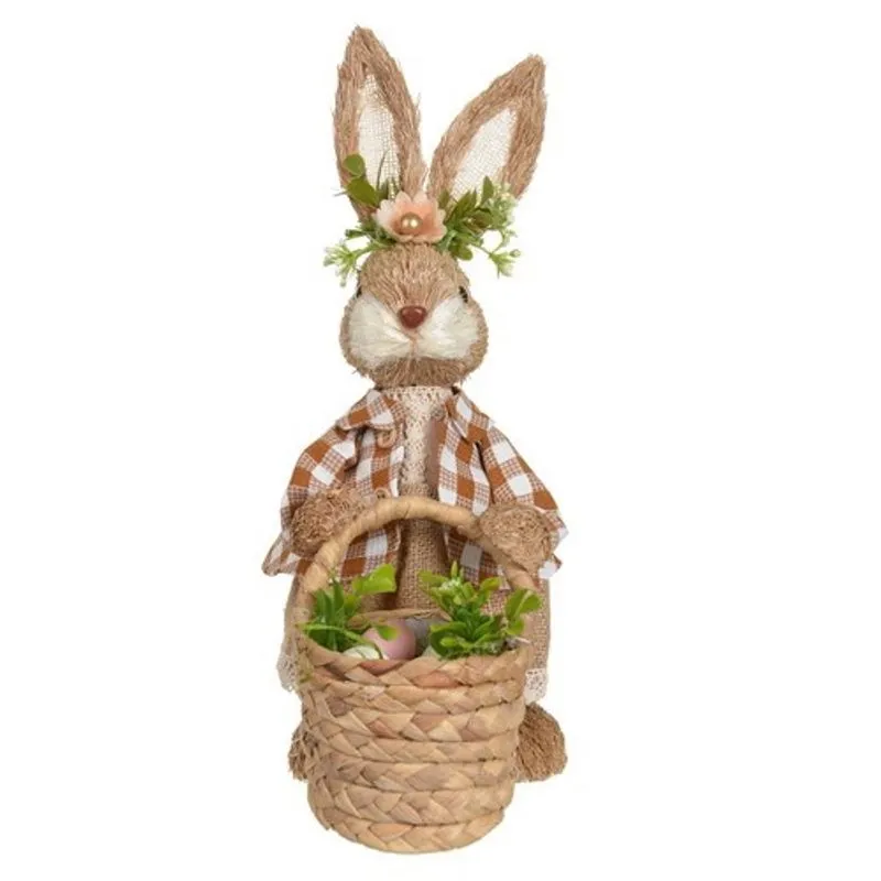 Coelho de pascoa femea com cesta palha E roupa xadrez