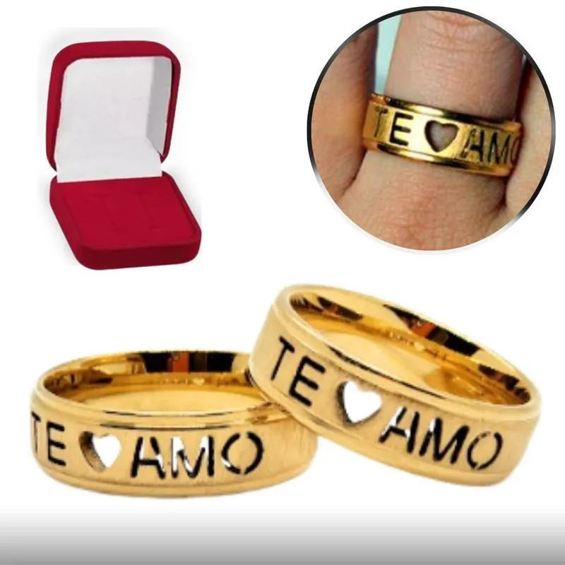 Alianças Coração Vazada Te Amo 6mm Inox Banhadas a Ouro 18k