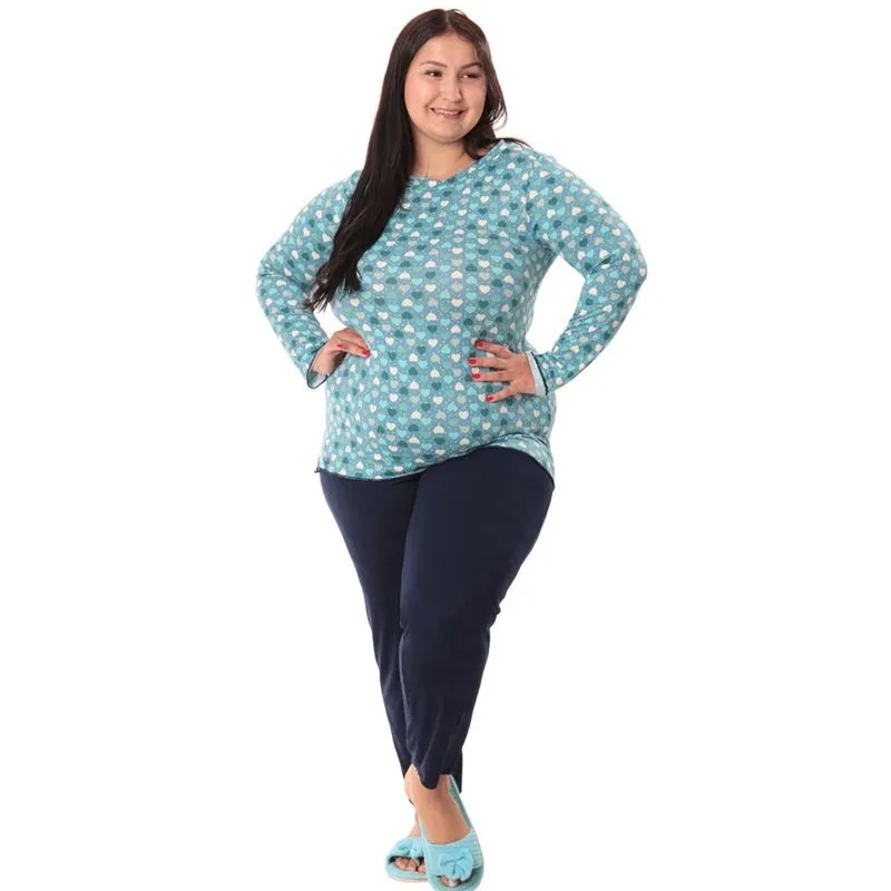 Pijama Feminino Plus Size Malha Suede Frio Inverno Blusa Longa Calça Comprida Confortável Quentinho