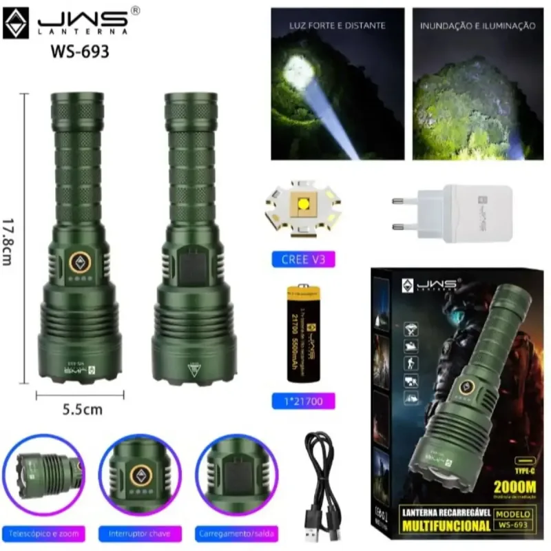 Lanterna Tática JWS LED V3 Com Zoom Alcance 2000 Metros WS-693
