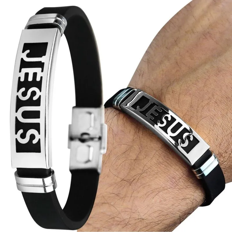 Prata pulseira masculina aço inoxidável + jesus cristo casual silicone ajustavel social presente