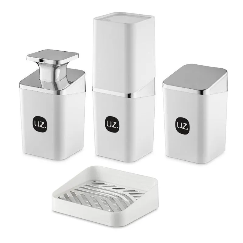 Kit Higiene Slim Banheiro 4 Pçs Com Porta Escova Uz Prata