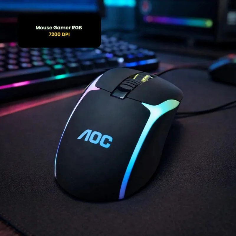 Mouse Gamer RGB 7200 DPI com 8 Botões Programáveis Design Ergonômico Iluminação USB AOC