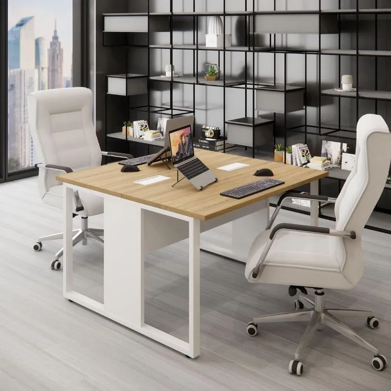 Mesa De Trabalho Para Escritório 2 Lugares F5 120cm Macadâmia Com Branco