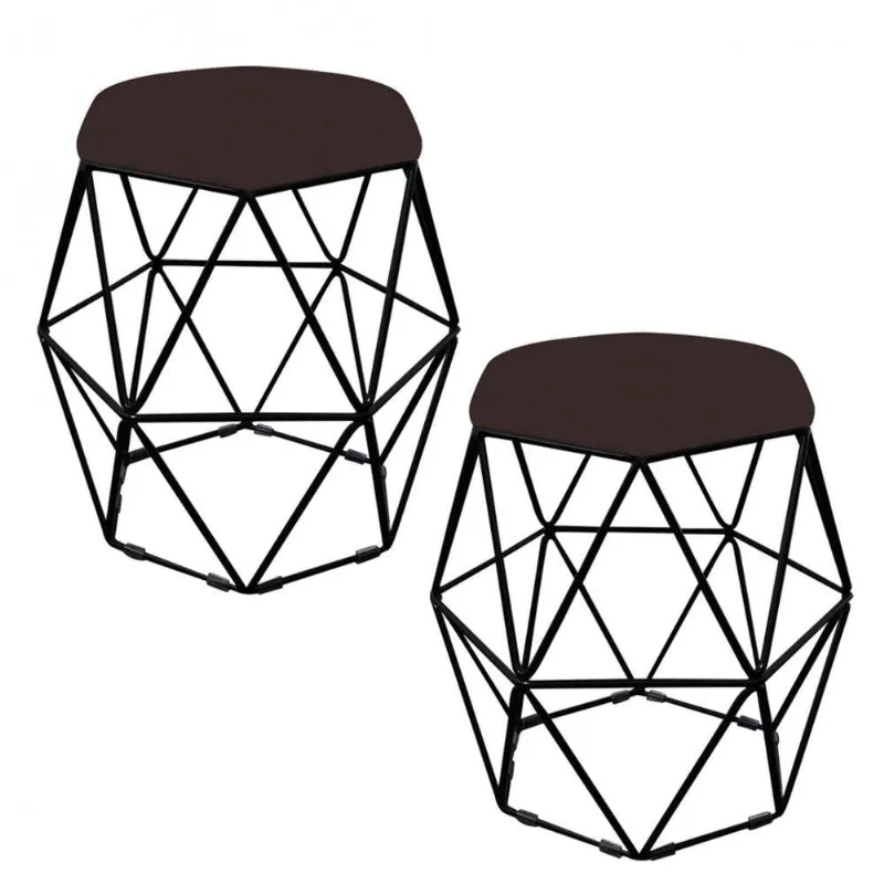 Kit 02 Puff Banqueta Aramado Luna Hexágono Base Preto Corino Marrom