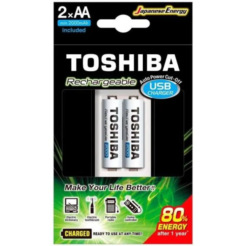 Carregador De Pilha Usb P/2 Pilhas Aa/aaa Min.2.000 Mah C/2 Pilhas Toshiba