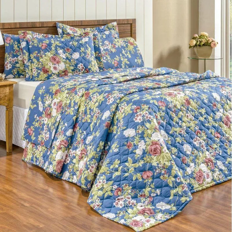 Enxoval Queen Size Matelassado Algodão 7 Peças Angela - Estampado Azul