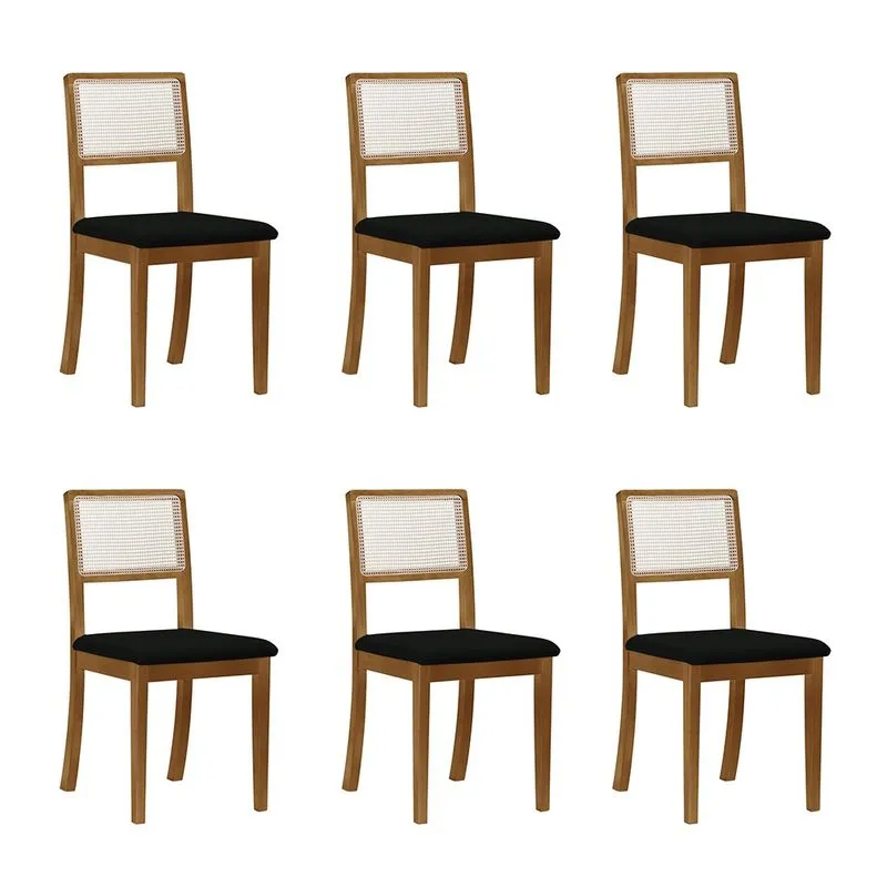 Kit 6 Cadeiras de Jantar Palha Estofadas Veludo Preto Encosto Tela Sextavada Rubi Madeira Maciça Mel
