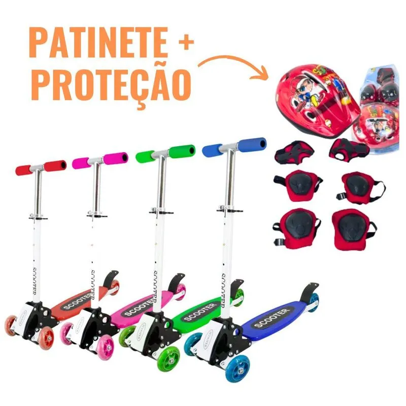 Patinete Infantil 3 Rodas Capacete Kit Proteção Segurança