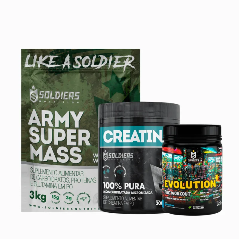 Kit: Hipercalórico Army Super Mass - 3kg +creatina Monohidratada Pote 300g - 100% Pura+pré-treino Evolution Pré Workout