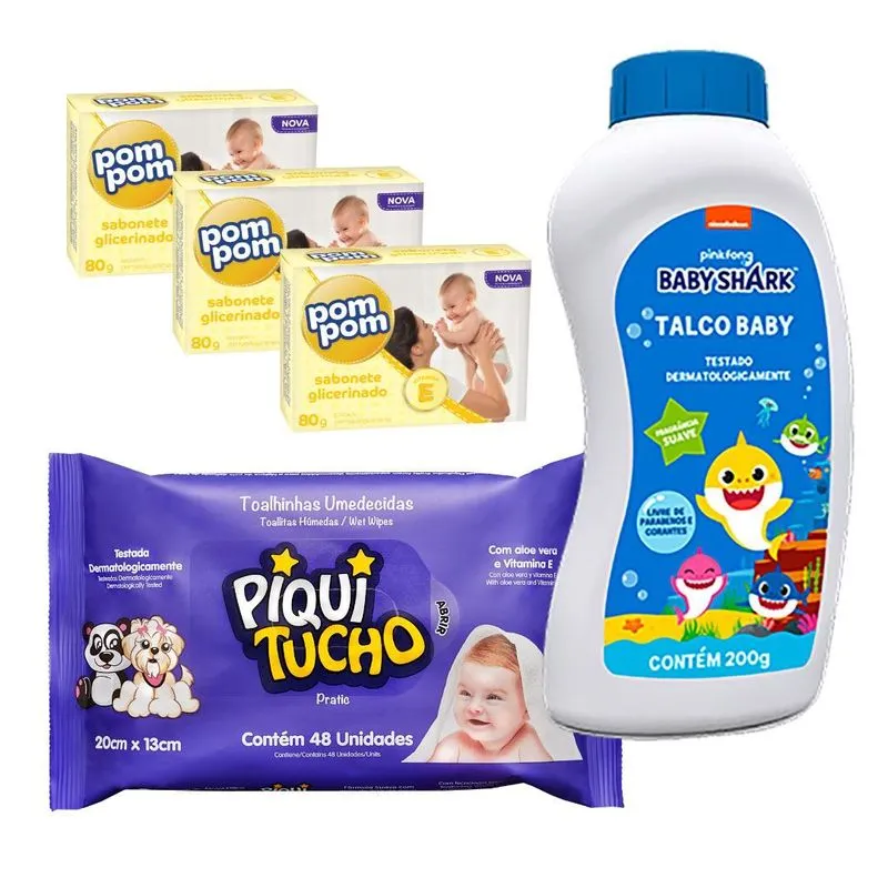 Kit Talco Babyshark+lenço Piquitucho 48un+3x Sabonete Pompom
